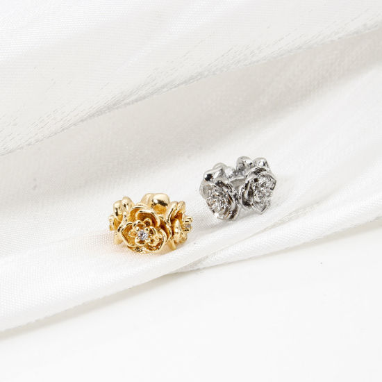 Picture of Eco-friendly Brass Spacer Beads For DIY Bracelet Jewelry Making Findings Real Gold Plated Flower Micro Pave Clear Cubic Zirconia 9mm x 9mm, Hole: Approx 3mm