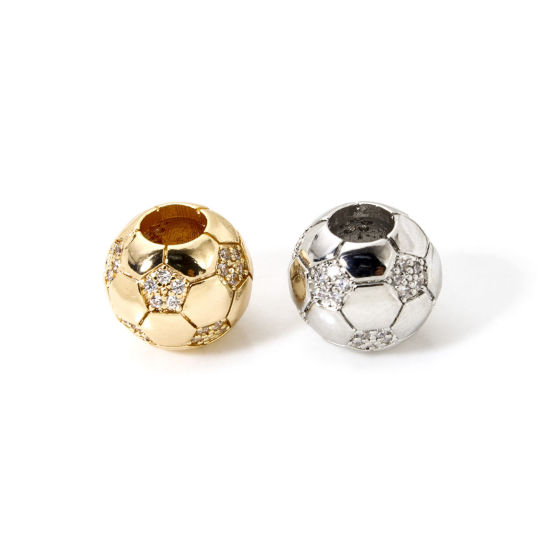 Image de 1 Pièce Perles pour DIY Fabrication de Bijoux Sport en Laiton Respectueux de la Nature Plaqué Or Véritable Football Micro Pave à Zircone Cubique Clair 12mm Dia., Trou: env. 5mm