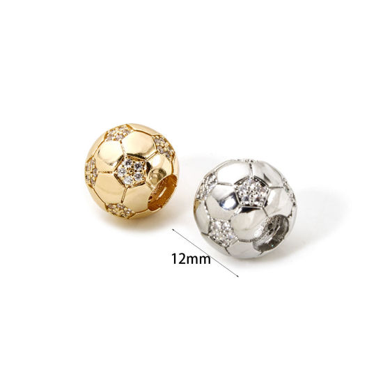 Image de 1 Pièce Perles pour DIY Fabrication de Bijoux Sport en Laiton Respectueux de la Nature Plaqué Or Véritable Football Micro Pave à Zircone Cubique Clair 12mm Dia., Trou: env. 5mm