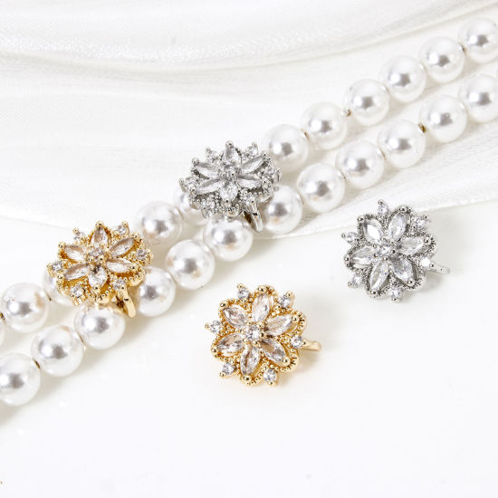 Picture of Eco-friendly Brass Spacer Beads For DIY Bracelet Jewelry Making Findings 3 Holes Real Gold Plated Flower Clear Cubic Zirconia 13mm x 12mm, Hole: Approx 1.4mm