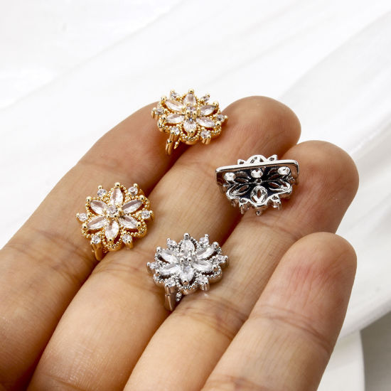 Picture of Eco-friendly Brass Spacer Beads For DIY Bracelet Jewelry Making Findings 3 Holes Real Gold Plated Flower Clear Cubic Zirconia 13mm x 12mm, Hole: Approx 1.4mm
