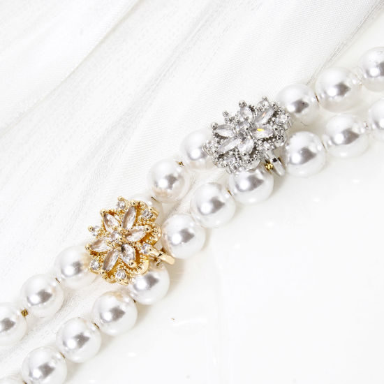 Picture of Eco-friendly Brass Spacer Beads For DIY Bracelet Jewelry Making Findings 3 Holes Real Gold Plated Flower Clear Cubic Zirconia 13mm x 12mm, Hole: Approx 1.4mm