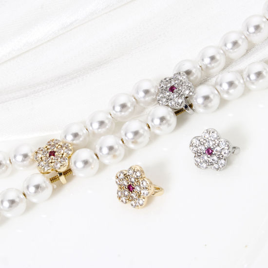 Bild von Umweltfreundlich Messing Abstandsperlen für DIY-Armband-Schmuckherstellung 3 Löcher Echtgold plattiert Blumen Klar Zirkonia 10mm x 8mm, Loch: ca. 1.5mm