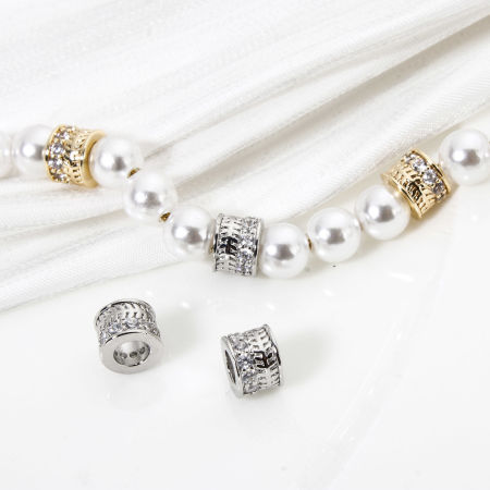Immagine di 2 Pz Ottone Perline Distanziatrici per Gioielli Fai-da-te che Fanno Risultati Vero Oro Placcato Cilindrico Freccia Micro Spianare Trasparente Cubic Zirconiae 6.5mm x 5mm, Buco: Circa 3.4mm