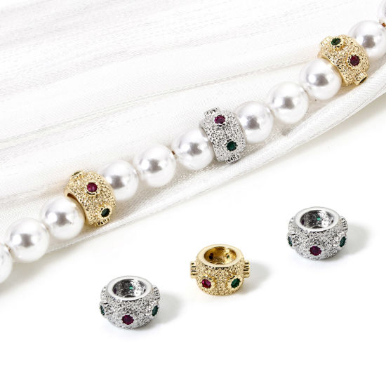 Imagen de 2 Unidades Respetuoso del Medio Ambiente Latón Perlas Espaciadoras para Hacer Pulseras DIY Hallazgos para Hacer Joyas Oro Real Chapado Tambor Micro Pave Multicolor Circón Artificial 8mm x 4.5mm, Agujero: Aprox 1.4mm