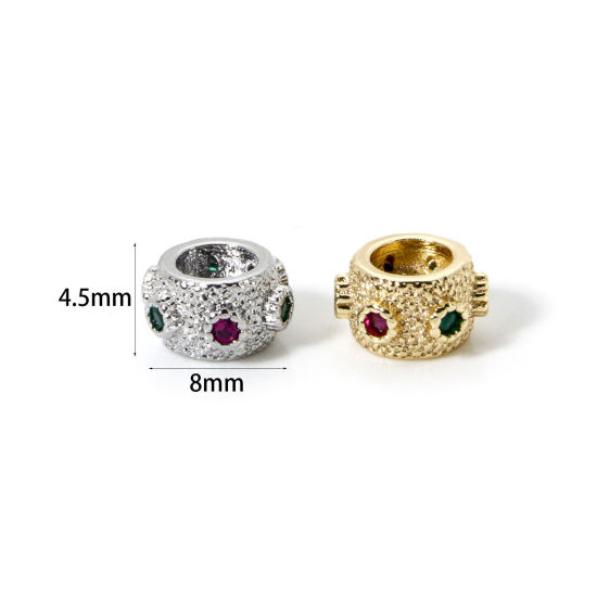 Imagen de 2 Unidades Respetuoso del Medio Ambiente Latón Perlas Espaciadoras para Hacer Pulseras DIY Hallazgos para Hacer Joyas Oro Real Chapado Tambor Micro Pave Multicolor Circón Artificial 8mm x 4.5mm, Agujero: Aprox 1.4mm