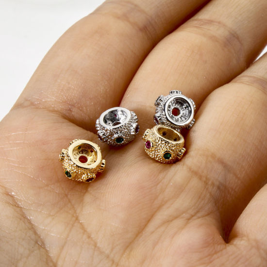 Imagen de 2 Unidades Respetuoso del Medio Ambiente Latón Perlas Espaciadoras para Hacer Pulseras DIY Hallazgos para Hacer Joyas Oro Real Chapado Tambor Micro Pave Multicolor Circón Artificial 8mm x 4.5mm, Agujero: Aprox 1.4mm