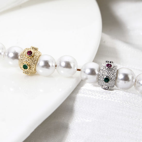 Imagen de 2 Unidades Respetuoso del Medio Ambiente Latón Perlas Espaciadoras para Hacer Pulseras DIY Hallazgos para Hacer Joyas Oro Real Chapado Tambor Micro Pave Multicolor Circón Artificial 8mm x 4.5mm, Agujero: Aprox 1.4mm