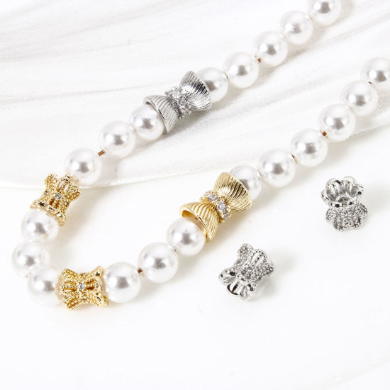 Picture of Eco-friendly Brass Beads For DIY Jewelry Making Real Gold Plated Hourglass Micro Pave Clear Cubic Zirconia