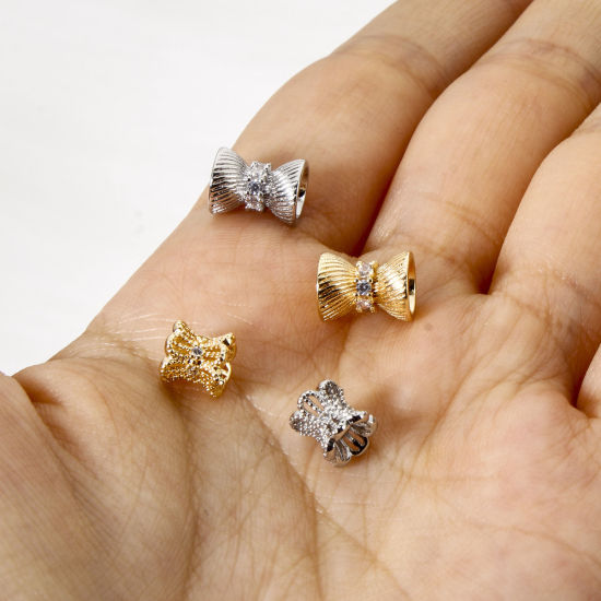 Picture of Eco-friendly Brass Beads For DIY Jewelry Making Real Gold Plated Hourglass Micro Pave Clear Cubic Zirconia