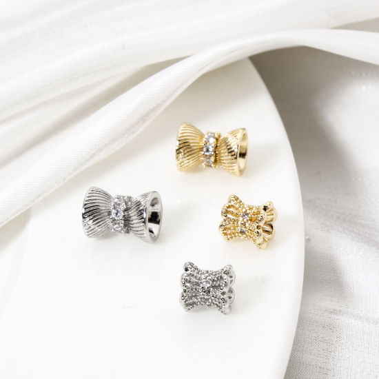 Picture of Eco-friendly Brass Beads For DIY Jewelry Making Real Gold Plated Hourglass Micro Pave Clear Cubic Zirconia
