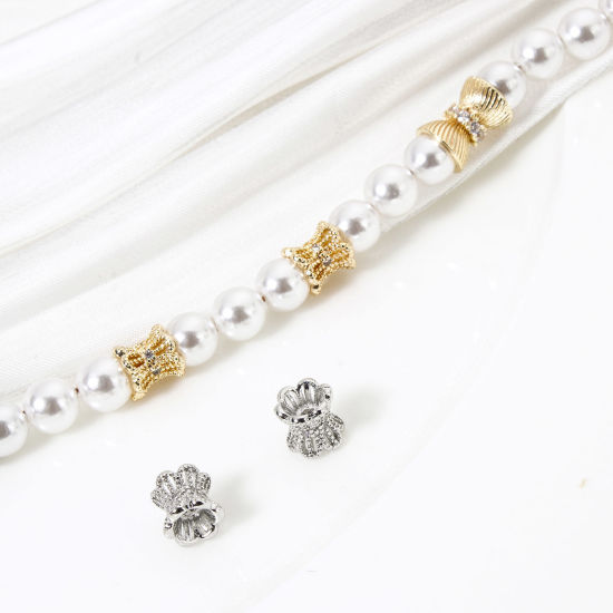 Picture of Eco-friendly Brass Beads For DIY Jewelry Making Real Gold Plated Hourglass Micro Pave Clear Cubic Zirconia