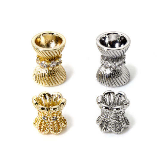 Picture of Eco-friendly Brass Beads For DIY Jewelry Making Real Gold Plated Hourglass Micro Pave Clear Cubic Zirconia