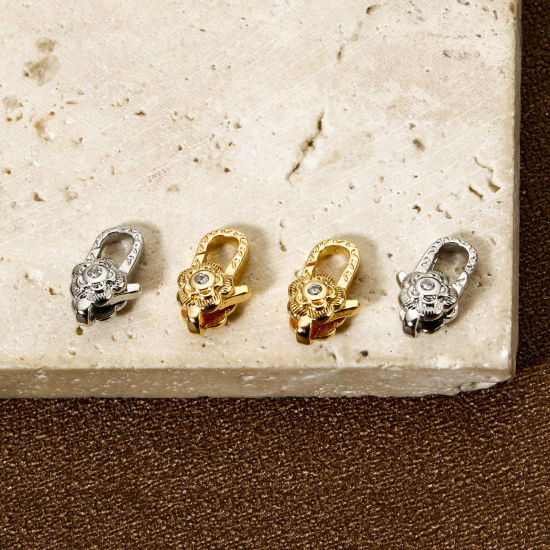 Imagen de 2 Unidades Respetuoso del Medio Ambiente Latón Corchete de la Langosta Flor Oro Real Chapado Micro Pave Claro Circón Artificial 11.5mm x 7mm
