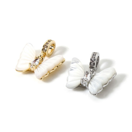 Eco-friendly Brass Insect Charms Real Gold Plated White Butterfly Animal Imitation Shell Clear Cubic Zirconia 17mm x 16mm