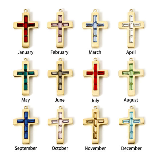 Picture of Eco-friendly PVD Vacuum Plating 304 Stainless Steel Birthstone Charms 14K Real Gold Plated Cross 25mm x 15mm