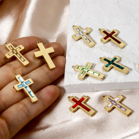 Picture of Eco-friendly PVD Vacuum Plating 304 Stainless Steel Birthstone Charms 14K Real Gold Plated Cross 25mm x 15mm