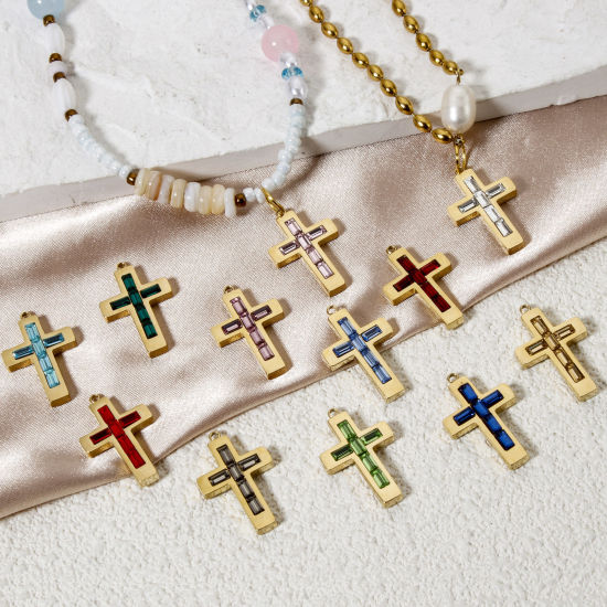 Picture of Eco-friendly PVD Vacuum Plating 304 Stainless Steel Birthstone Charms 14K Real Gold Plated Cross 25mm x 15mm