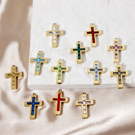 Picture of Eco-friendly PVD Vacuum Plating 304 Stainless Steel Birthstone Charms 14K Real Gold Plated Cross 25mm x 15mm