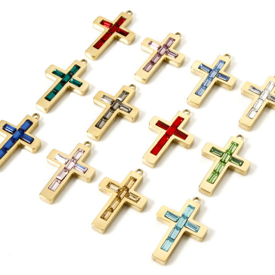 Picture of Eco-friendly PVD Vacuum Plating 304 Stainless Steel Birthstone Charms 14K Real Gold Plated Cross 25mm x 15mm