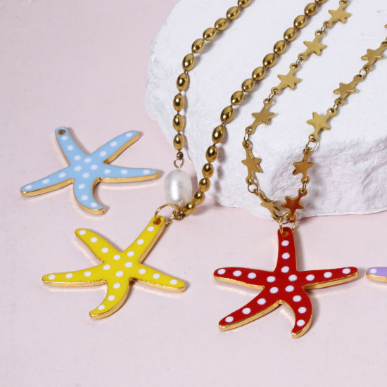Imagen de 5 Unidades Zamak Joyería del océano Colgantes Chapado en Oro Multicolor Estrella de mar Punto Lentejuelas Esmaltadas de Doble cara 3.7cm x 3.5cm