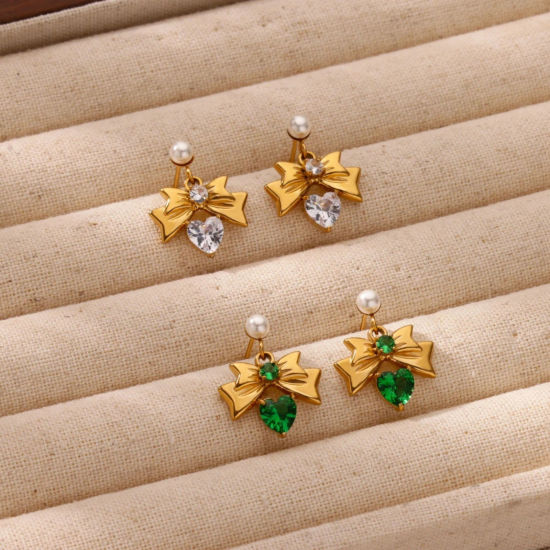 Image de 1 Paire Boucles d'Oreilles Puces en 304 Acier Inoxydable & Strass Revêtement sous Vide PVD Respectueux de l'Environnement À la Mode Nœuds Papillon Plaqué Or 18K Imitation Perles La Saint-Valentin Pour Femmes 15mm x 17mm