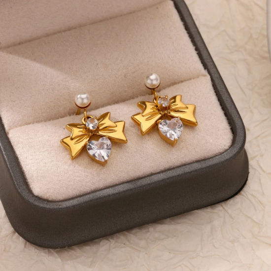 Image de 1 Paire Boucles d'Oreilles Puces en 304 Acier Inoxydable & Strass Revêtement sous Vide PVD Respectueux de l'Environnement À la Mode Nœuds Papillon Plaqué Or 18K Imitation Perles La Saint-Valentin Pour Femmes 15mm x 17mm
