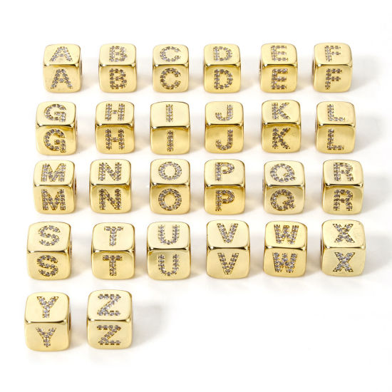 Picture of Eco-friendly Brass Beads For DIY Jewelry Making 18K Real Gold Plated Cube Capital Alphabet Initial Letter Micro Pave Clear Cubic Zirconia 9mm x 9mm, Hole: Approx 3.5mm