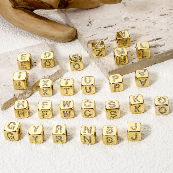Picture of Eco-friendly Brass Beads For DIY Jewelry Making 18K Real Gold Plated Cube Capital Alphabet Initial Letter Micro Pave Clear Cubic Zirconia 9mm x 9mm, Hole: Approx 3.5mm
