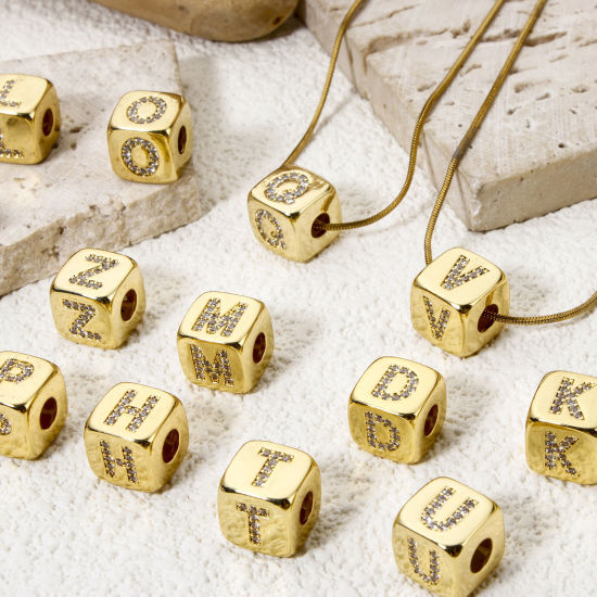 Picture of Eco-friendly Brass Beads For DIY Jewelry Making 18K Real Gold Plated Cube Capital Alphabet Initial Letter Micro Pave Clear Cubic Zirconia 9mm x 9mm, Hole: Approx 3.5mm