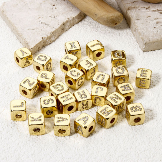 Picture of Eco-friendly Brass Beads For DIY Jewelry Making 18K Real Gold Plated Cube Capital Alphabet Initial Letter Micro Pave Clear Cubic Zirconia 9mm x 9mm, Hole: Approx 3.5mm