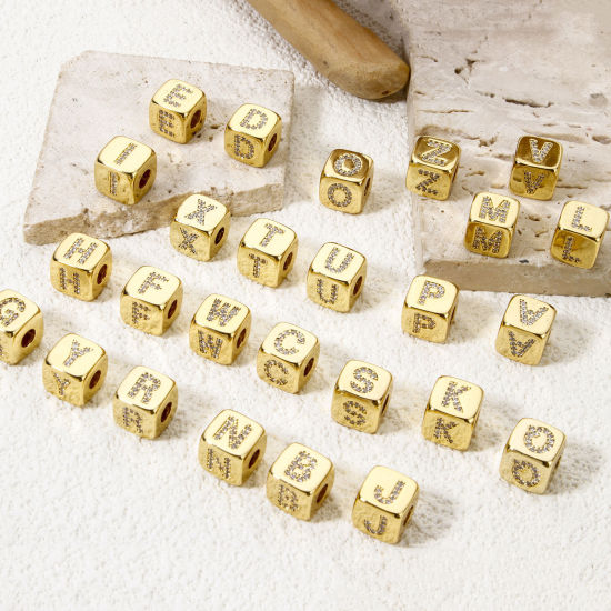 Picture of Eco-friendly Brass Beads For DIY Jewelry Making 18K Real Gold Plated Cube Capital Alphabet Initial Letter Micro Pave Clear Cubic Zirconia 9mm x 9mm, Hole: Approx 3.5mm