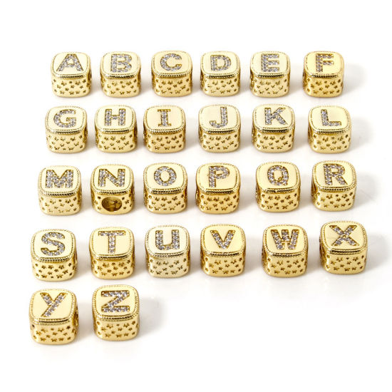 Bild von Umweltfreundlich Messing Perlen zur DIY-Schmuckherstellung 18K Echtgold plattiert Würfel Anfangsbuchstabe/ Großbuchstabe Micro Pave Klar Zirkonia 9mm x 9mm, Loch: ca. 3.8mm