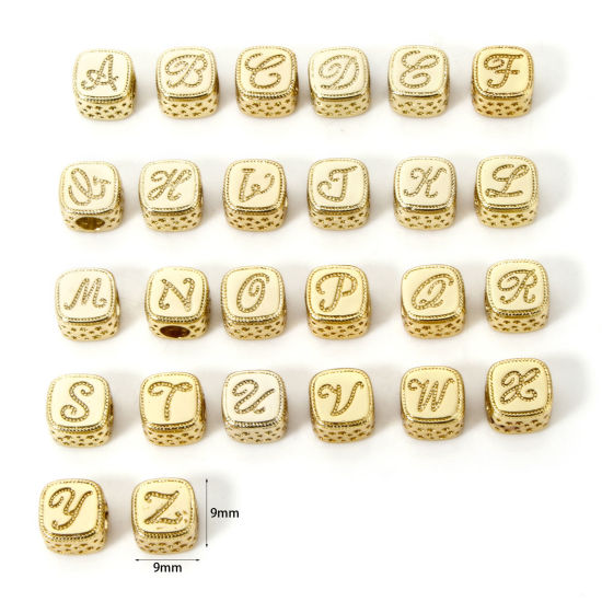 Bild von Umweltfreundlich Messing Perlen zur DIY-Schmuckherstellung 18K Echtgold plattiert Würfel Anfangsbuchstabe/ Großbuchstabe Micro Pave Klar Zirkonia 9mm x 9mm, Loch: ca. 3.8mm