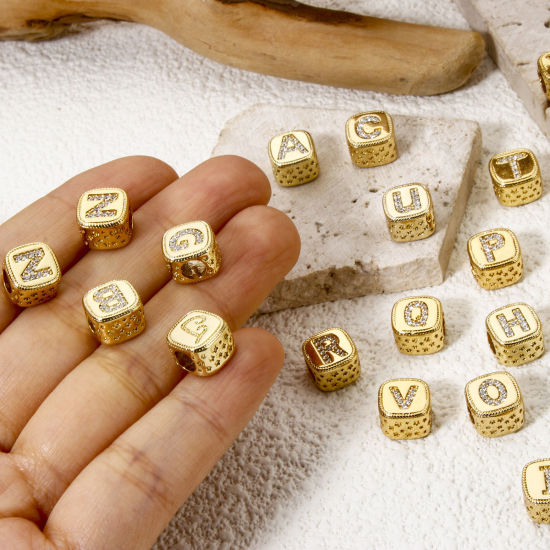 Bild von Umweltfreundlich Messing Perlen zur DIY-Schmuckherstellung 18K Echtgold plattiert Würfel Anfangsbuchstabe/ Großbuchstabe Micro Pave Klar Zirkonia 9mm x 9mm, Loch: ca. 3.8mm