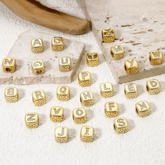 Bild von Umweltfreundlich Messing Perlen zur DIY-Schmuckherstellung 18K Echtgold plattiert Würfel Anfangsbuchstabe/ Großbuchstabe Micro Pave Klar Zirkonia 9mm x 9mm, Loch: ca. 3.8mm