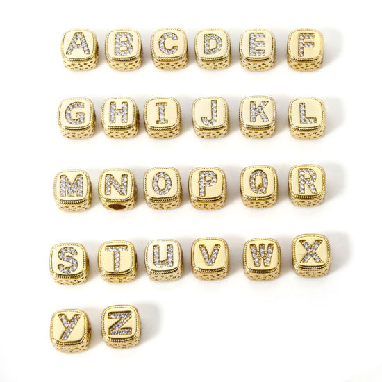 Bild von Umweltfreundlich Messing Perlen zur DIY-Schmuckherstellung 18K Echtgold plattiert Würfel Anfangsbuchstabe/ Großbuchstabe Micro Pave Klar Zirkonia 9mm x 9mm, Loch: ca. 3.8mm