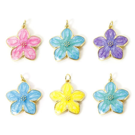 1 Pièce Breloques Collection Végétale Respectueux de la Nature en Laiton Plaqué Or Véritable 18K Émail Fleur 26mm x 21mm