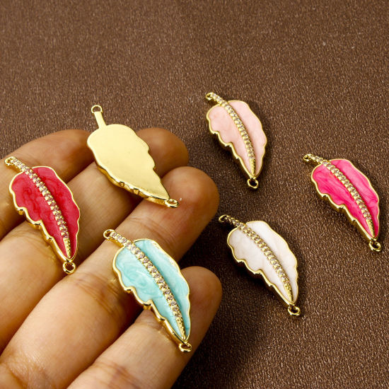 Immagine di 1 Pz Ecologico Ottone Pendenti Charms Connettori 18K Vero Oro Placcato Smalto Foglia Trasparente Cubic Zirconiae 3.2cm x 1.2cm
