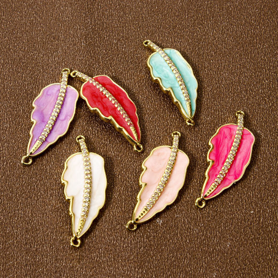 Immagine di 1 Pz Ecologico Ottone Pendenti Charms Connettori 18K Vero Oro Placcato Smalto Foglia Trasparente Cubic Zirconiae 3.2cm x 1.2cm