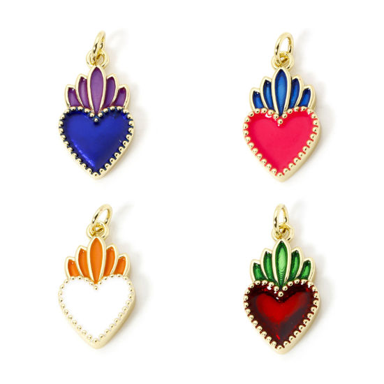 Picture of Eco-friendly Brass Religious Charms 18K Real Gold Plated Enamel Ex Voto Heart 23mm x 11mm