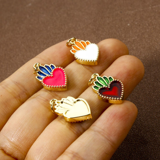 Picture of Eco-friendly Brass Religious Charms 18K Real Gold Plated Enamel Ex Voto Heart 23mm x 11mm