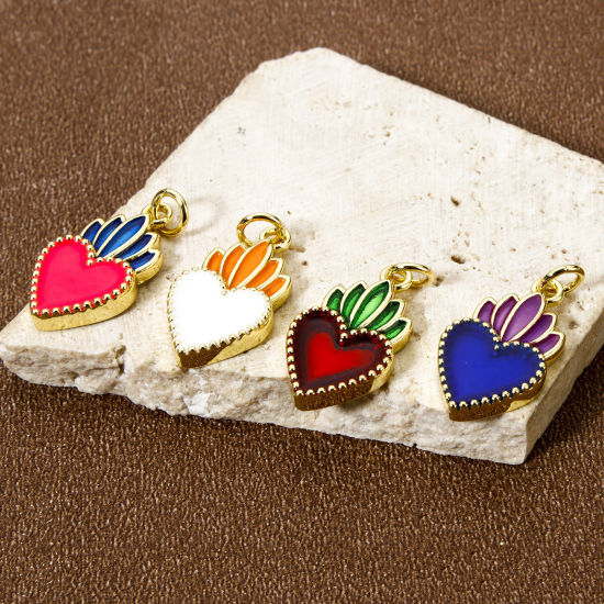 Picture of Eco-friendly Brass Religious Charms 18K Real Gold Plated Enamel Ex Voto Heart 23mm x 11mm