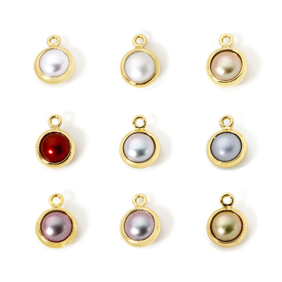 Picture of Eco-friendly Brass Charms 18K Real Gold Plated Round Imitation Pearl 9mm x 7mm