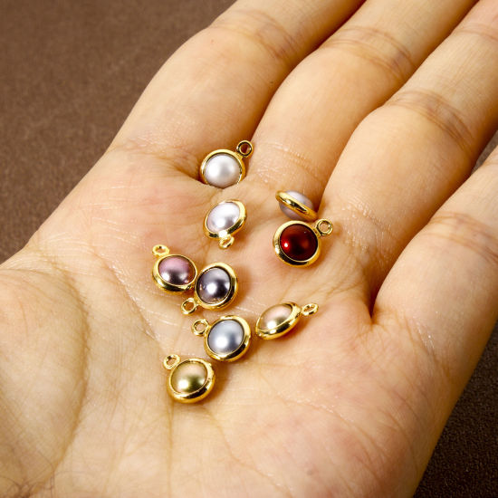 Picture of Eco-friendly Brass Charms 18K Real Gold Plated Round Imitation Pearl 9mm x 7mm