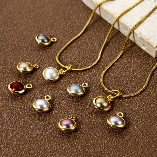 Picture of Eco-friendly Brass Charms 18K Real Gold Plated Round Imitation Pearl 9mm x 7mm