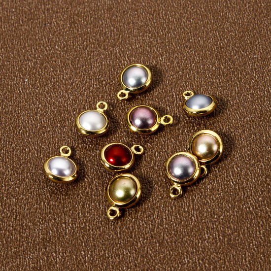 Picture of Eco-friendly Brass Charms 18K Real Gold Plated Round Imitation Pearl 9mm x 7mm