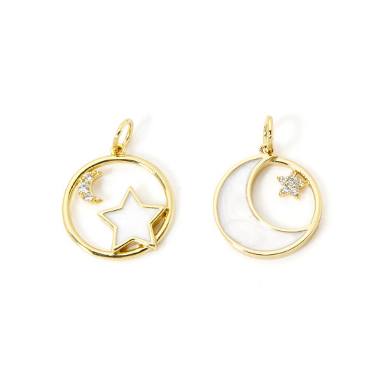 Picture of Eco-friendly Brass Galaxy Charms 18K Real Gold Plated Enamel Round Micro Pave Clear Cubic Zirconia 19mm x 14mm