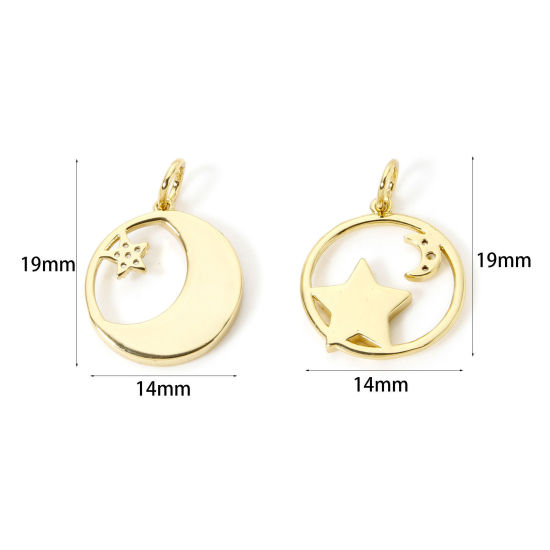 Picture of Eco-friendly Brass Galaxy Charms 18K Real Gold Plated Enamel Round Micro Pave Clear Cubic Zirconia 19mm x 14mm