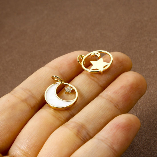 Picture of Eco-friendly Brass Galaxy Charms 18K Real Gold Plated Enamel Round Micro Pave Clear Cubic Zirconia 19mm x 14mm